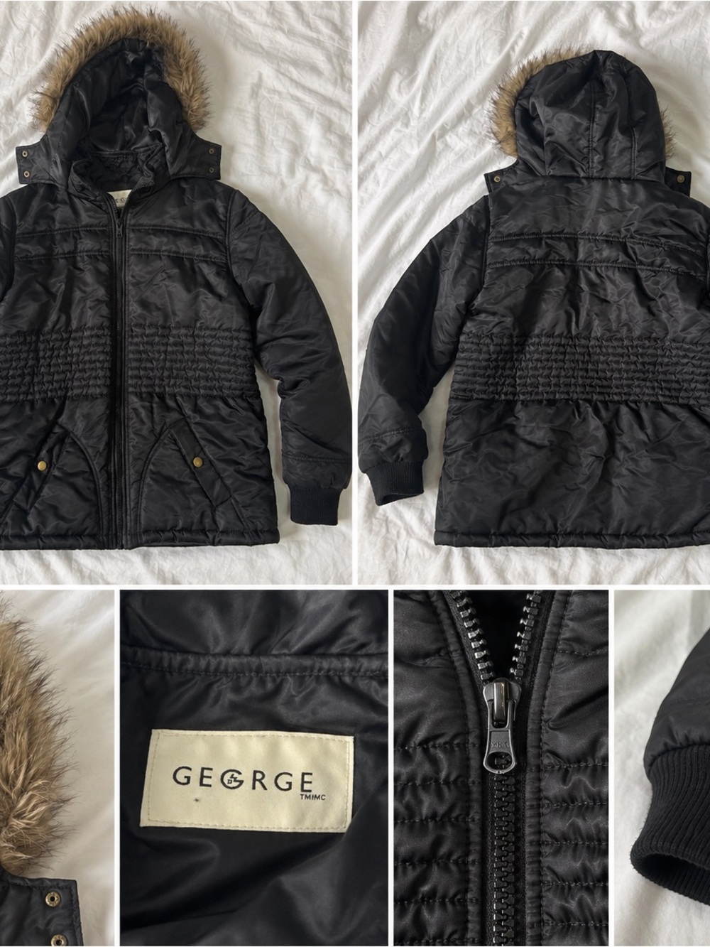 George Black Puffer Jacket with Faux-Fur Trim Hood